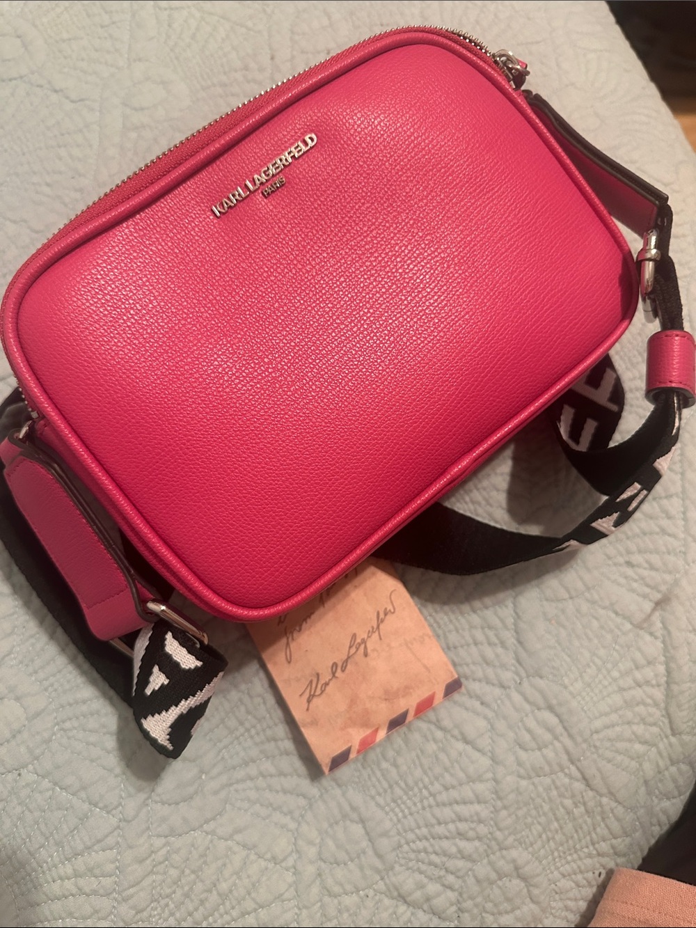Karl Lagerfeld Hot Pink Pebbled Leather Crossbody Camera Bag with Logo Strap